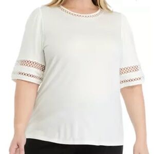 Anne Klein Harmony Knit Lace Trim Elbow Sleeve T-Shirt White Size 2X Casual